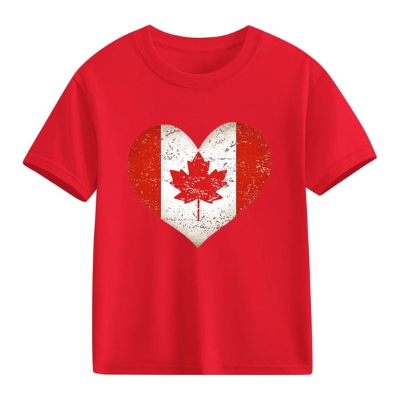 Girls Canadian Flag Heart T-Shirt Kids Red Canada Day Distressed Vintage Cotton Short Sleeve Crew Neck,Size 4 T