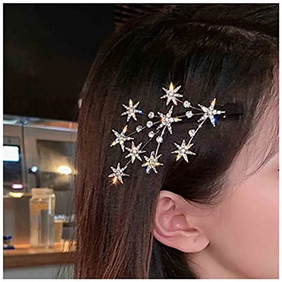 POITVD 2PCS Star Hair Clip Silver Rhinestone Hair Barrette Bling Cluster Star Hair Pin Headpieces Decorative Hair Branch Crystal Hair Pins Headwear Bride Hair Accessories for Women and Girls (Silver)