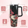 thumbnail image 5 of 40 oz Skull Tumbler with Handle and Straw - Gothic Insulated Travel Mug, Skull with Floral Design, Halloween Goth Cup Water Bottle Gift for Women, 5 of 6