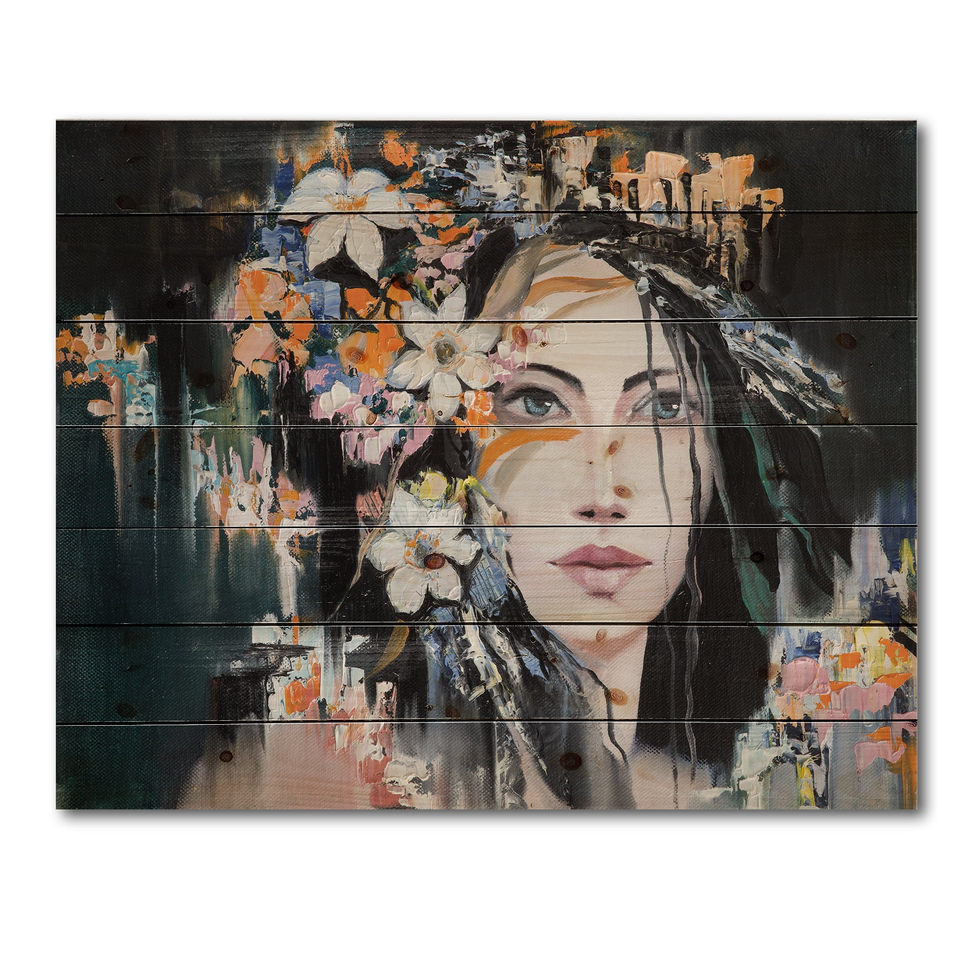 Designart 'Portrait Of A Young Woman With Flowers I' Modern Print on Natural Pine Wood