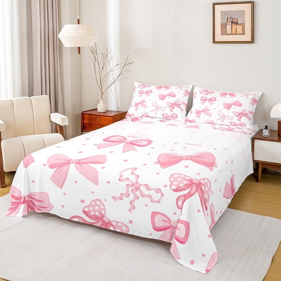 Erosebridal Cartoon Bowtie Bed Sheets Set Twin Size,Geometric Dot Print Bedding Sets Twin Size,White Pink Bed Sheets Twin,Super Cozy Room Decoration,3pcs