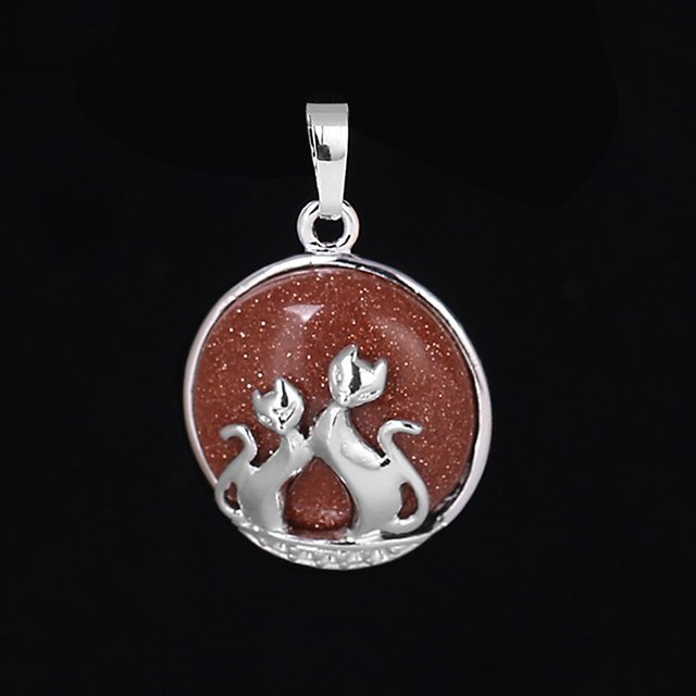 Pendentif Chat pour Collier Pierre Naturelle Perles Rondes Plates Pendentif Cœur d'Amour Femmes