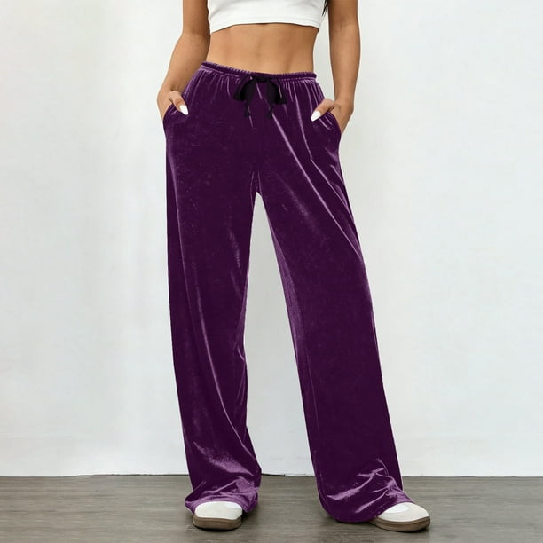 Pincandy Women's Solid Color Velour Pants - Elastic Waist, Loose Wide Leg Fit with Pockets, Luxurious & Comfortable for Loungewear & Daily Outings