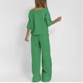 thumbnail image 6 of GILIGEGE Linen Sets for Women 2 Piece Summer Ladies' Casual Summer Solid Color Short Sleeved Cotton and Linen Top Loose Pants Set Wide Leg Pants Tracksuit Lounge Matching Sets Green Xl, 6 of 7