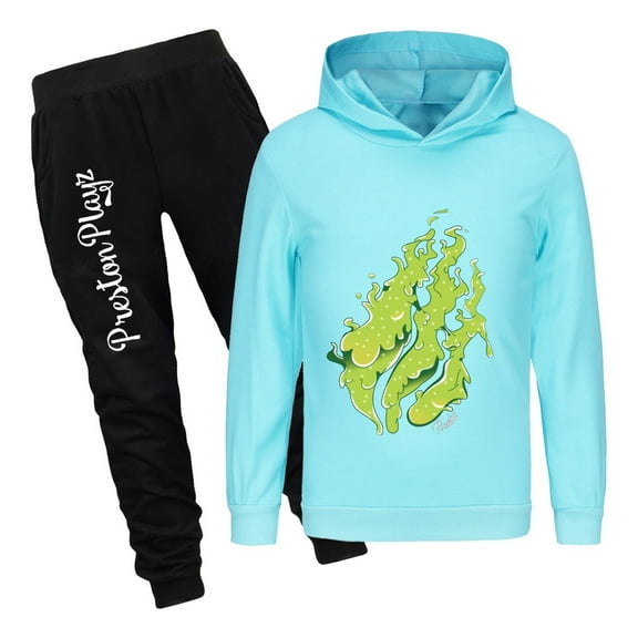 Boys Girls PrestonPlayz Hoodie Outfit Flame Design Pullover and Pants Set Kids 2 Piece Game Clothing