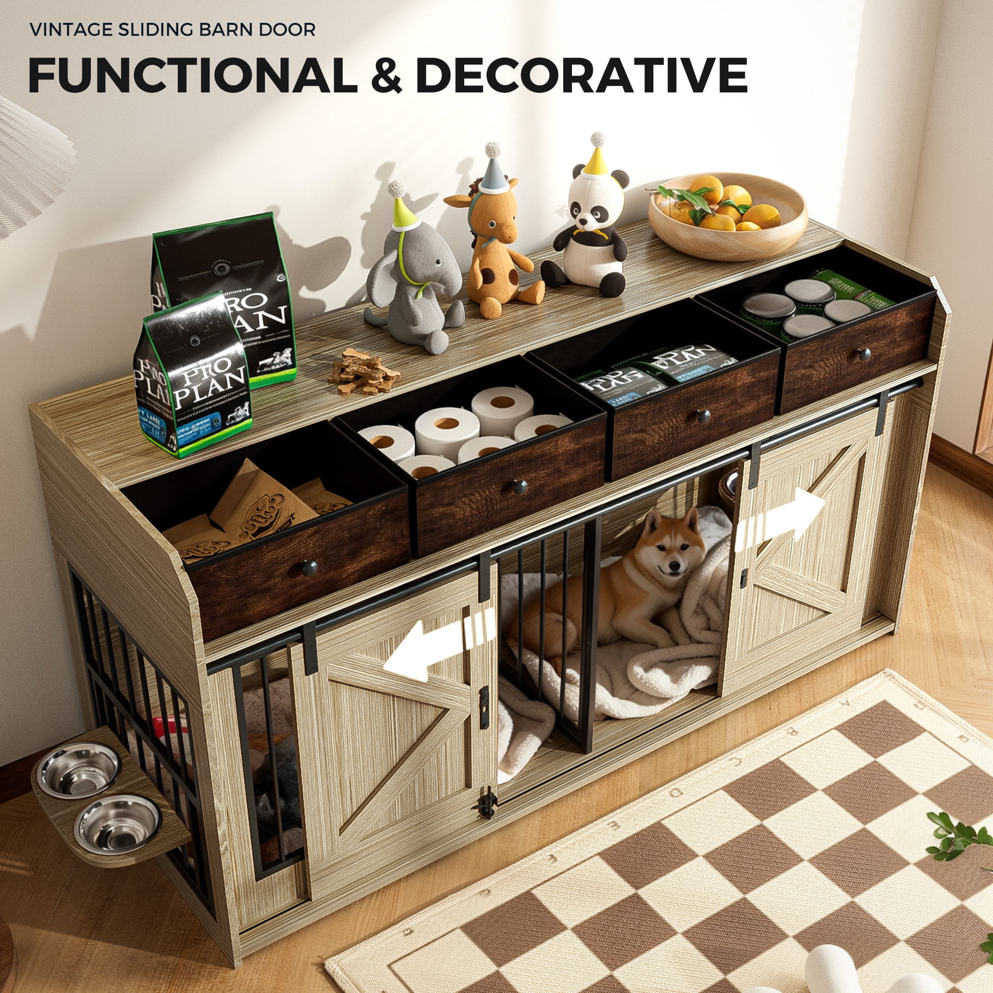 Advwin 63" Wooden Double Dog Crate Furniture with Drawers, Divider, Sliding Doors and Dual Feeding Stations, TV Stand Dog Kennel for 2 Small/Medium Dogs, Light Brown