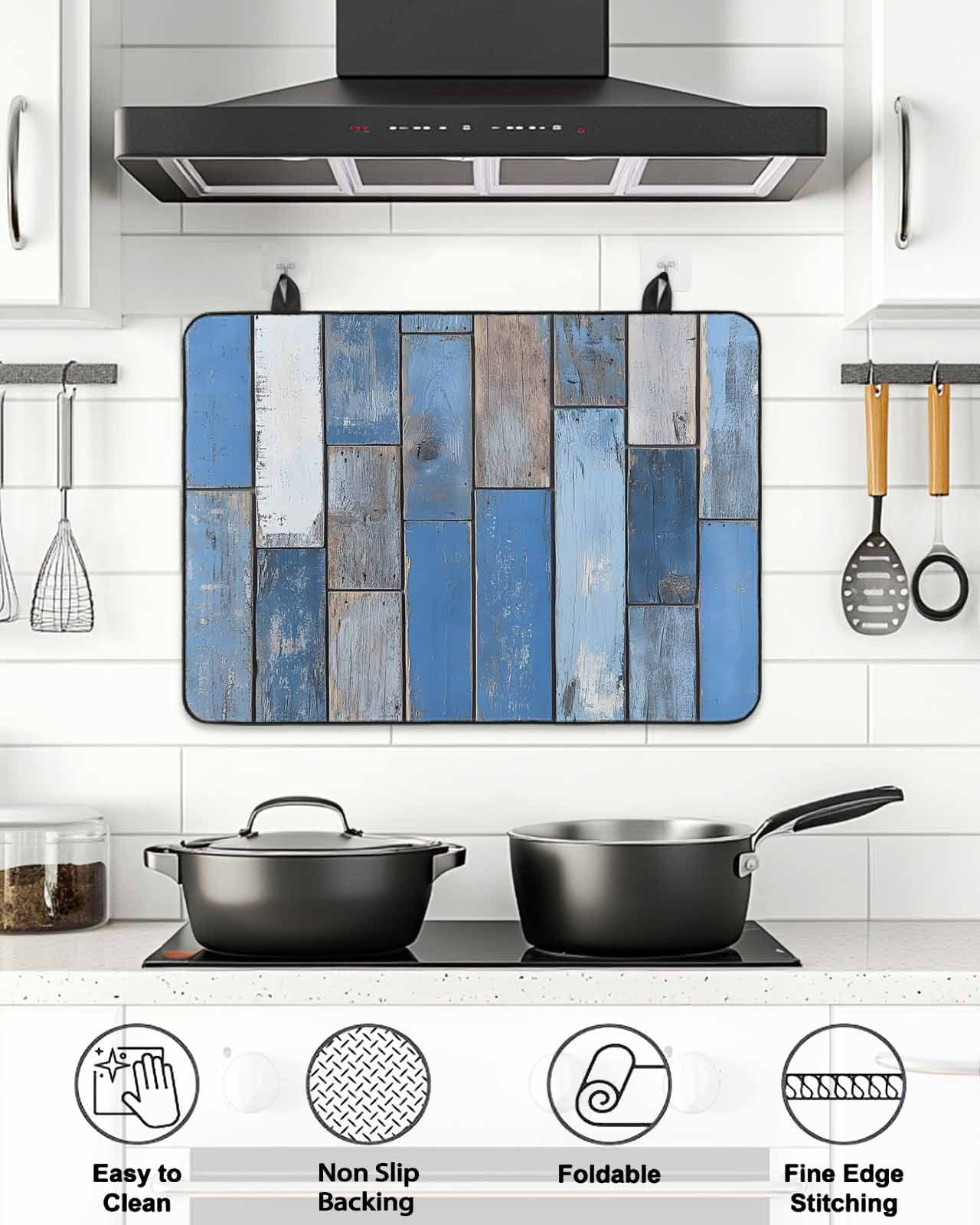 Stove Top Covers for Electric Stove 31x24 Inches, Vintage Blue Wooden Heat Insulation Fireproof Glass Cooktop Protector, Farmhouse Wood Grain Multipurpose Countertop Stovetop Cover for Kitchen