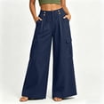 thumbnail image 4 of ZHYou No Boundarie Cotton Linen Cargo Pants for Women Casual Wide Leg Button Drawstring Waisted Loose Fit Pants with Patch Pockets,Navy,Size L, 4 of 8
