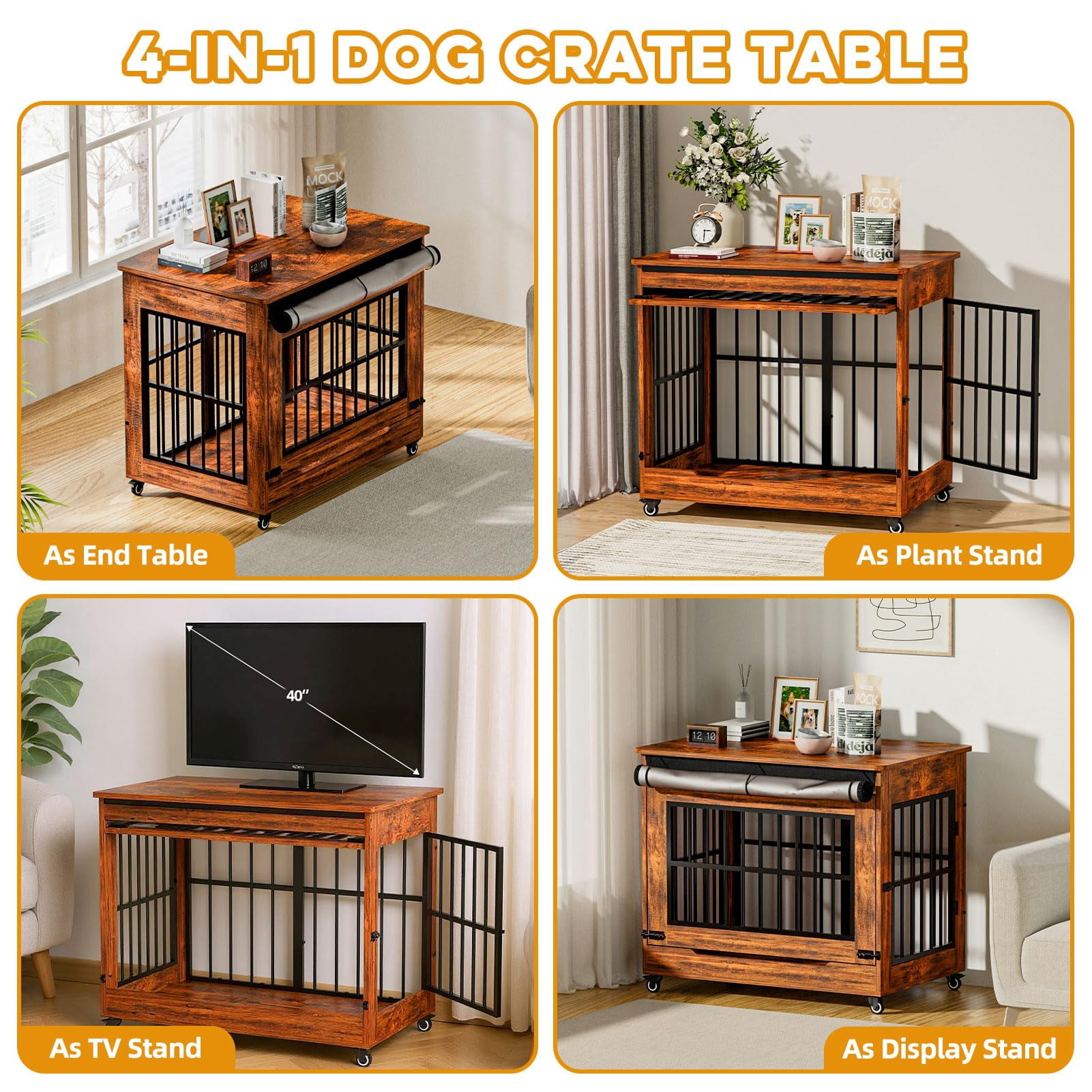 38" Dog Crate Furniture, Double Door Pet Cage End Table with Wheels for Medium and Large Breed Dogs