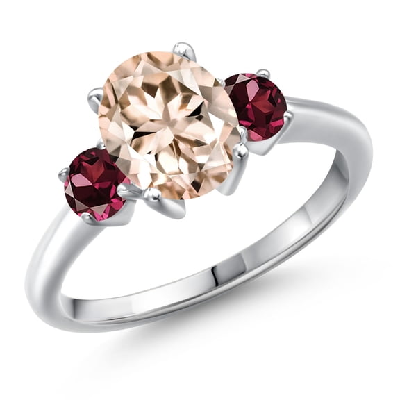 Gem Stone King 925 Sterling Silver Peach Morganite and Red Rhodolite Garnet Engagement Ring for Women | 2.34 Cttw | Oval 9X7MM | Gemstone October Birthstone | Size 6