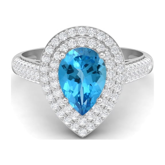 3.46 Ctw Swiss Blue Topaz Gemstone 925 Sterling Silver Pear Shape Halo Valentines Day Gifts Ring