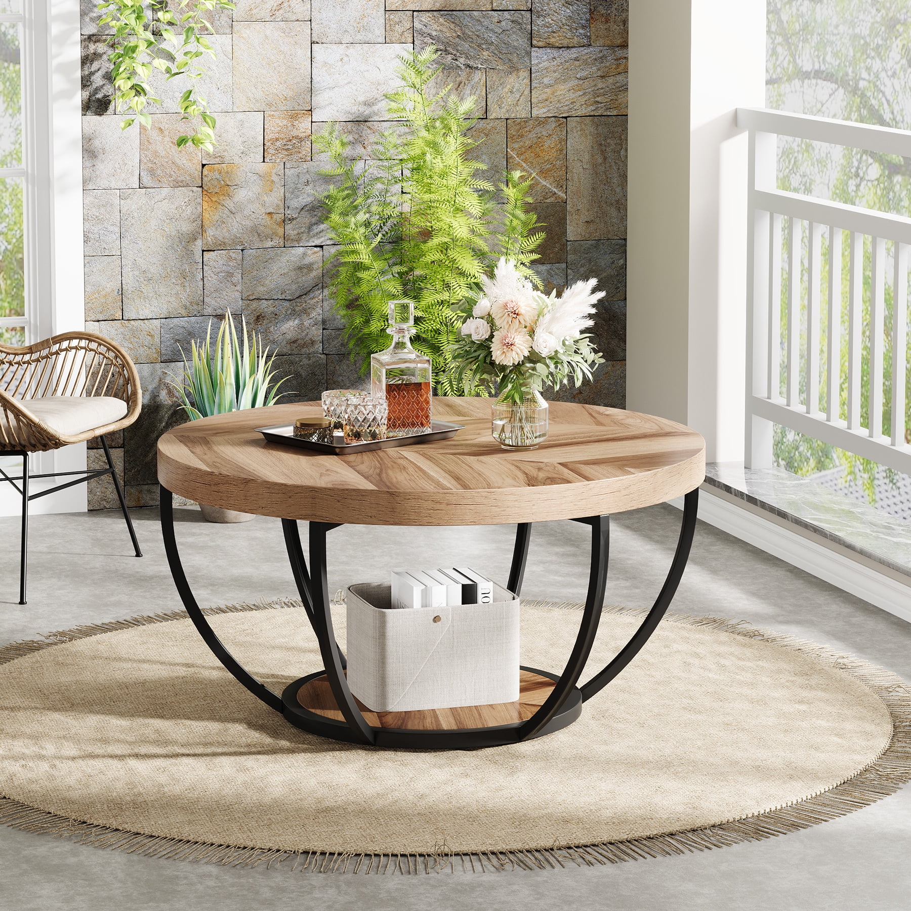 Fnova Coffee Table with 2 - Tier Storage, 32" Round Wood Coffee Table with Metal Legs, Modern Rustic Style Center Table for Living Room, Warm Brown and Black