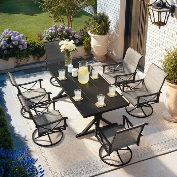 Gotland 7 Piece Outdoor Dining Set, Metal Outdoor Table and Chairs with Spider Legs, Patio Furniture Set with 6 Teslin Swivel Chairs, Patio Dining Sets for Backyard Deck Brown
