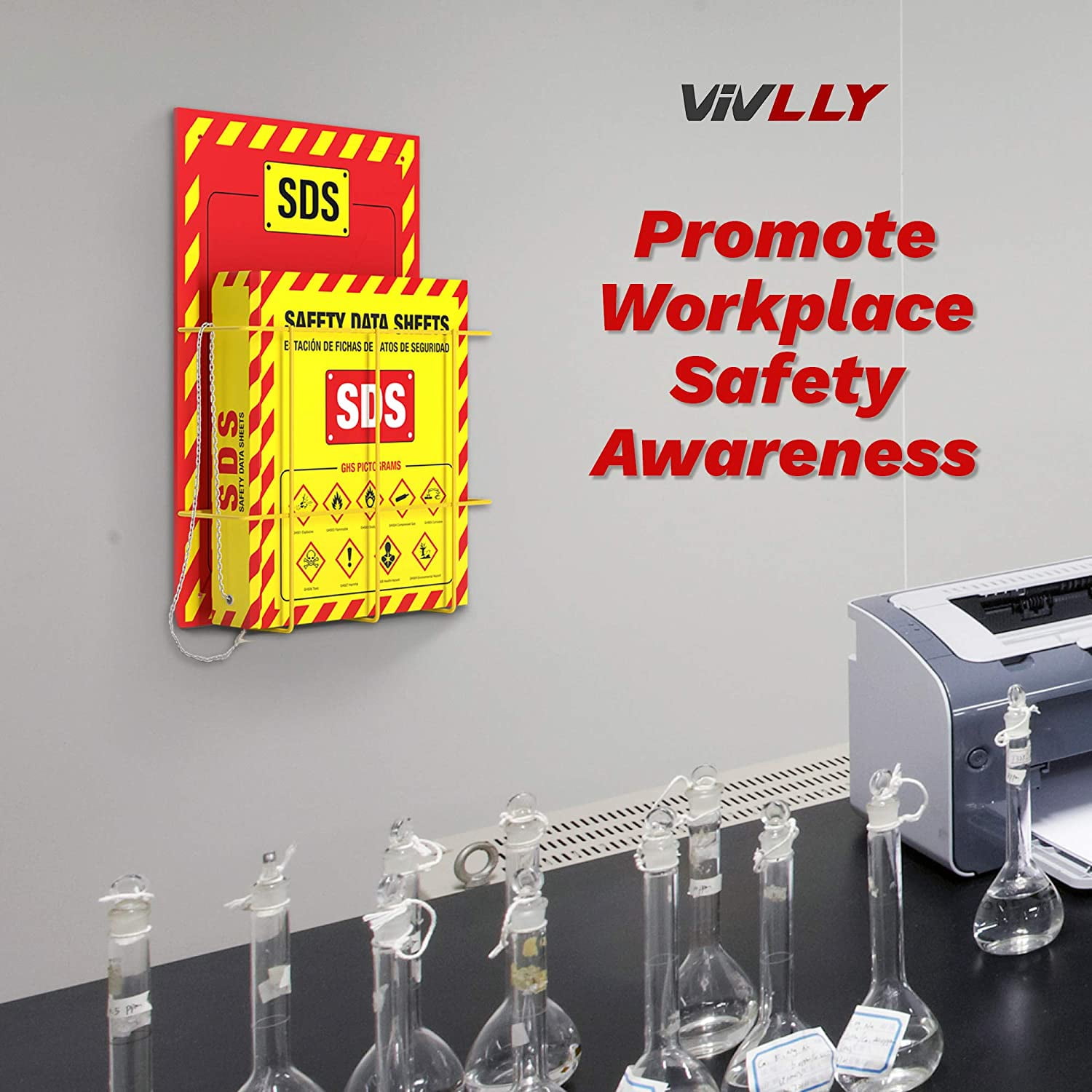 Pack of 10 MSDS Wall Station - 3 Inch 3 Ring Material Safety Data Sheet Binder with SDS Wire Rack and Display Sign, Chain, Mounting Hardware, SDS Poster, MSDS Labels - Heavy Duty OSHA Yellow Binder