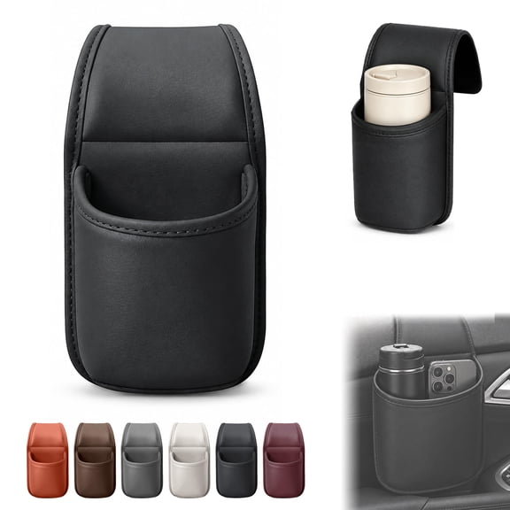 PU Leather Car Door Cup Holder, Wide-Mouth Clip-On Window Organizer for Drinks, Phone, Keys and Small Items, Universal Vehicle Storage Pocket