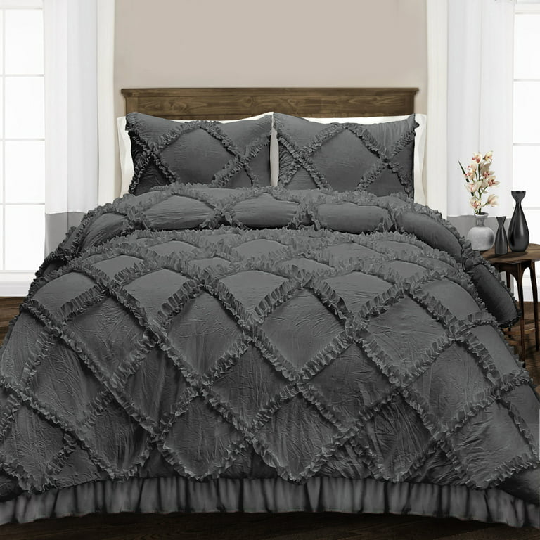 Dee's Collection Luxurious Dark Grey Diamond Ruffle Comforter Set  Full/Queen, Pillowcases & Piping 