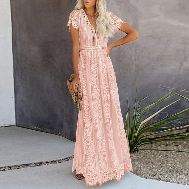 Pink lace maxi dress with sleeves new arrivals