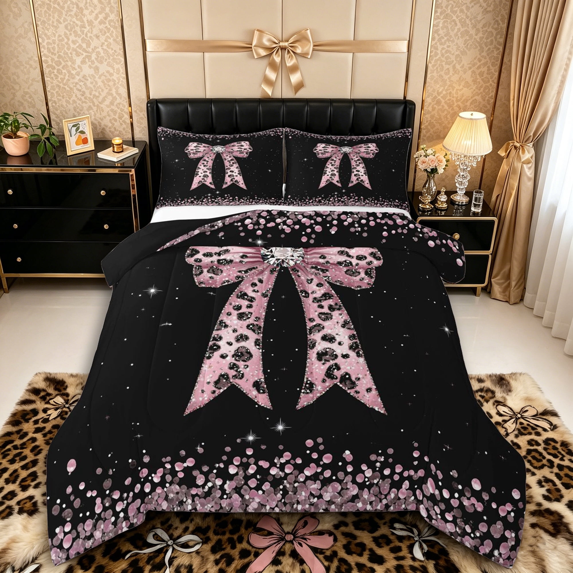 Manfei Cheetah Print Bowknot Full Size Comforter Sets 3 Pieces for Girls Women,Kids Teens Bling Crystal Sequins Bedding Sets,Black Reversible,Super Cozy Room Decor