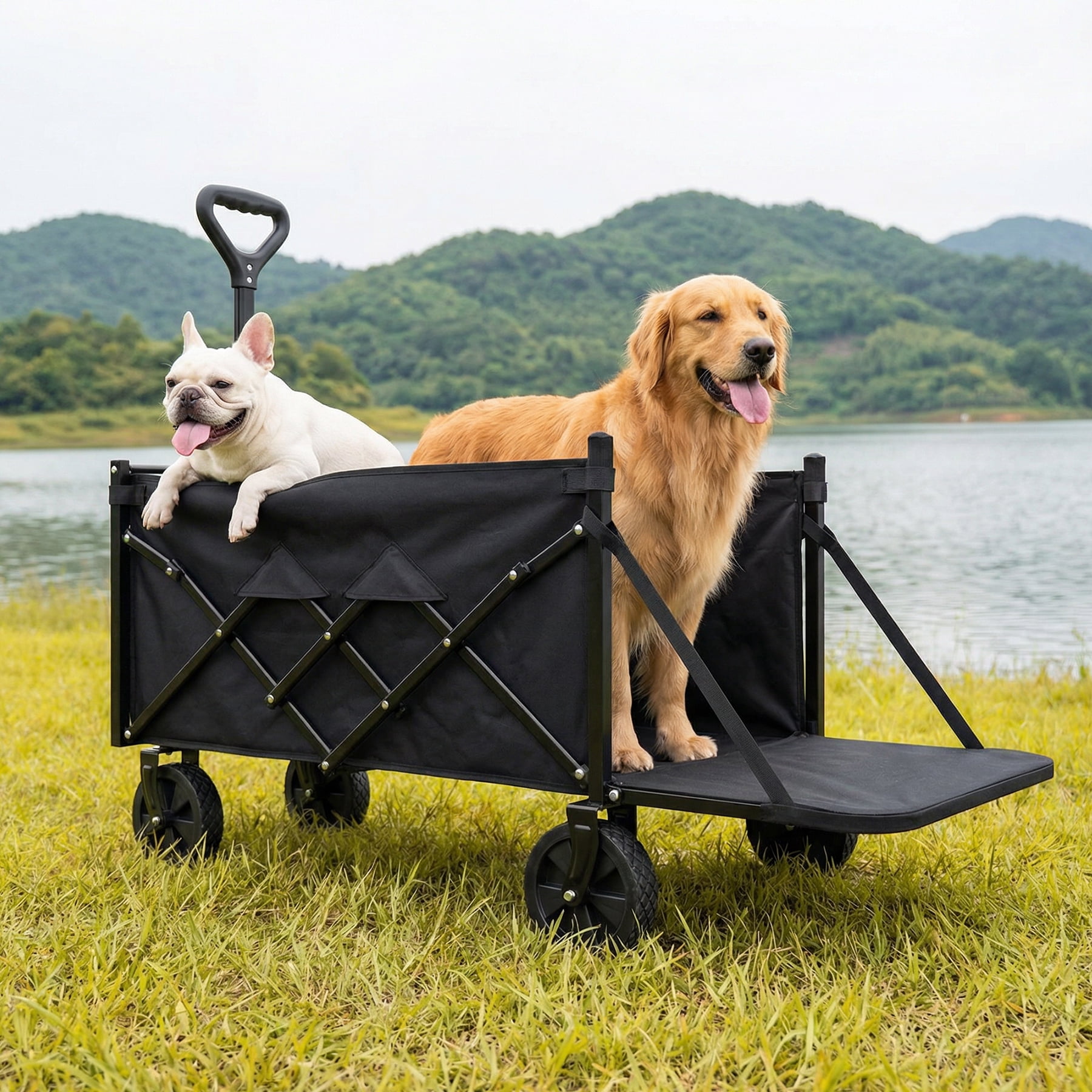 Favoyard 330lbs Collapsible Wagon with Extended Tailgate,All‑Terrain Wheels & Drink Holders for Garden Camping Beach, Black