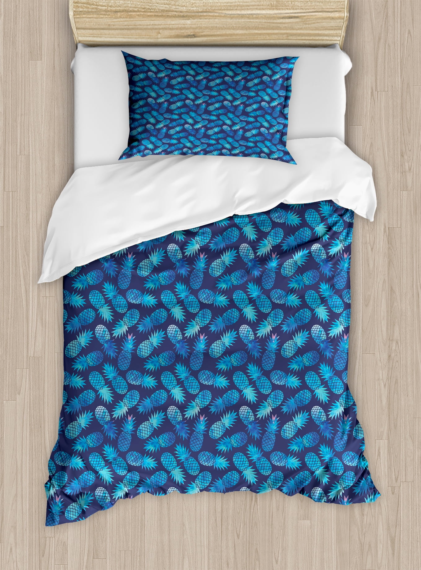 Pastel Duvet Cover Set Tropical Hawaiian Pineapple In Blue Shades