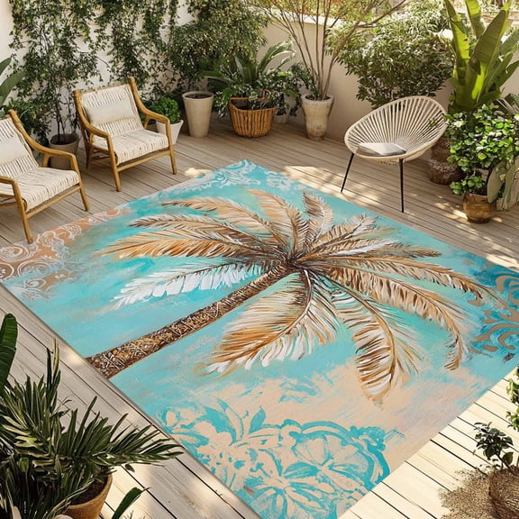 Fsddascl Boho Coastal Beach Outdoor Rug for Patio/Deck/Porch, Non-Slip Large Area Rug 4 x 6 Ft, Tropical Ocean Coconut Flower Plant Indoor Outdoor Rugs Washable Area Rugs, Camping Rug Carpet