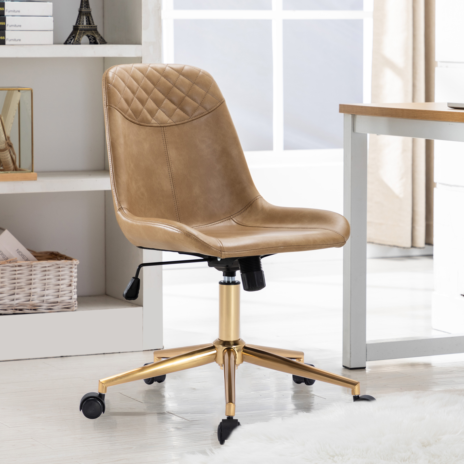 Duhome Office Desk Chair Faux Leather Swivel Computer Chair Task Chair Adjustable with Gold Base, Camel
