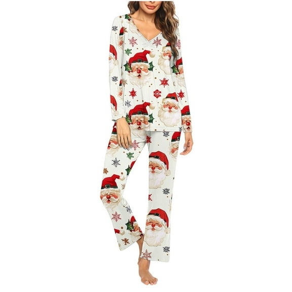 Lorytime Womens Christmas Pajamas Set Santa Claus Long Sleeved V-Neck Tops Elastic Waist Pants Casual Sleepwear