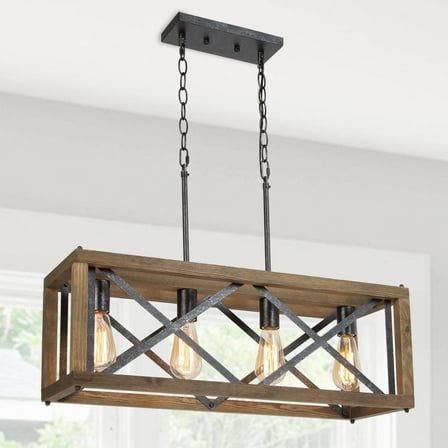 LNC 4-Light Farmhouse Drum Chandelier with Wooden Finished for Kitchen Island