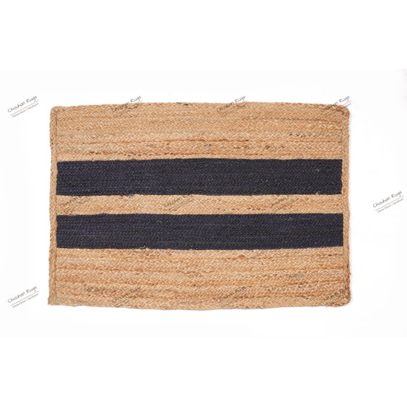 Rectangle Rug Natural Jute Rug Hand Braided Beige and Black Color Stripes Line Area Rug