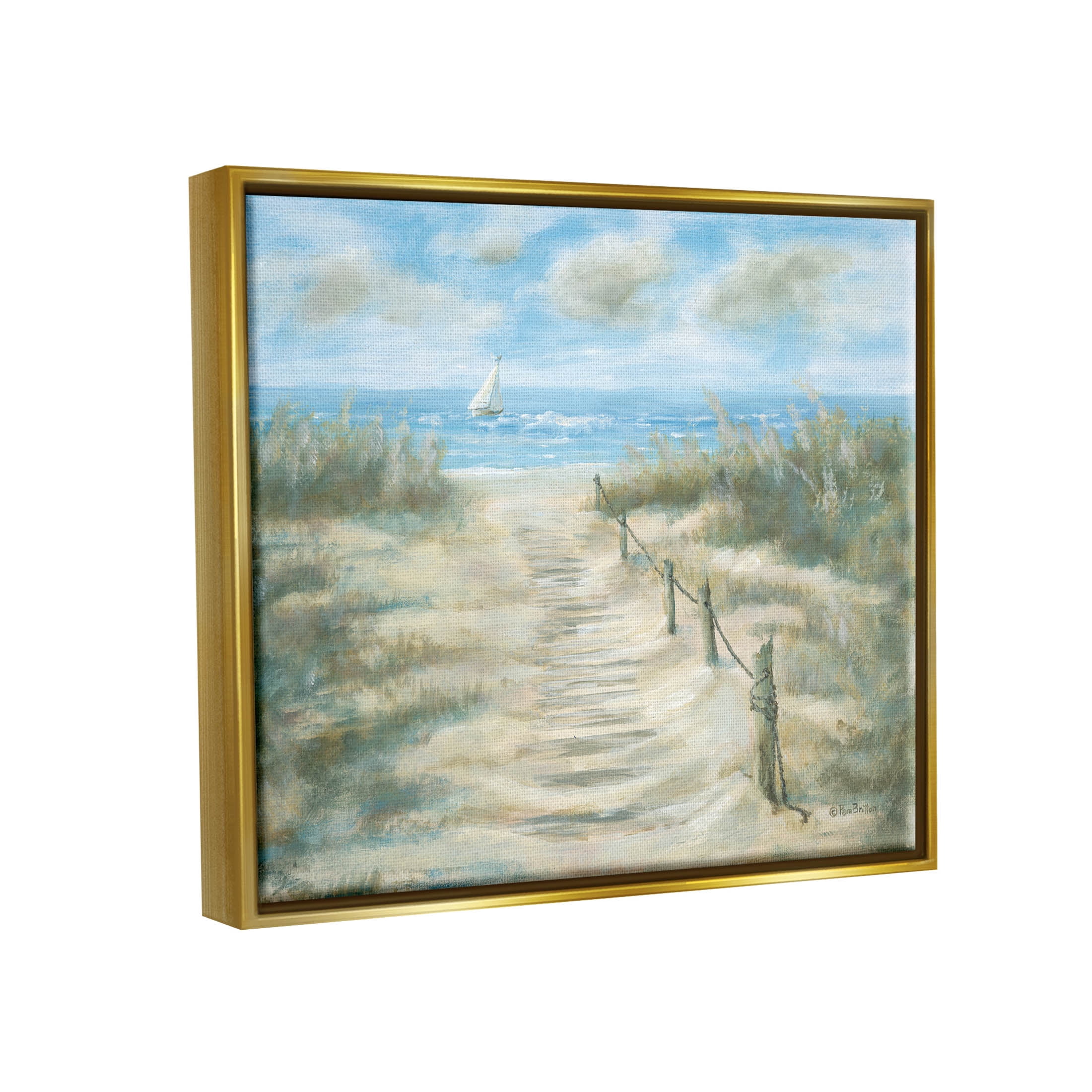 Ocean Shore Beach Boardwalk Coastal Painting Metallic Gold Framed Art Print Wall Art