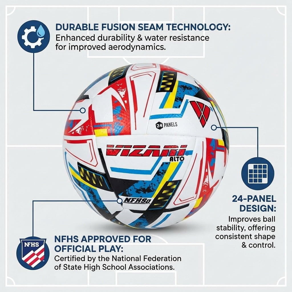 Vizari Alto Soccer Ball | NFHS Approved | Durable 24-Panel Design | Water-Resistant & Aerodynamic | White, 5