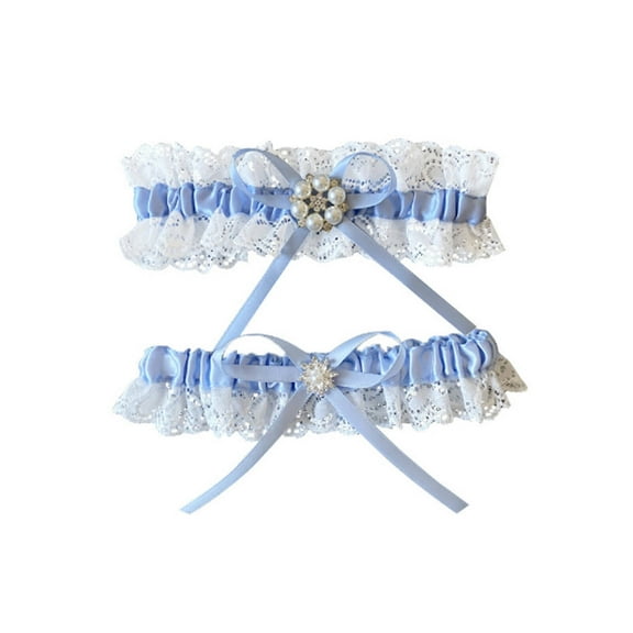 AUQ Garters for Bride,Elegant Lace Design Wedding Garter for Bride,Charming Blue Pearl Accents Elegant Lace Garter Set