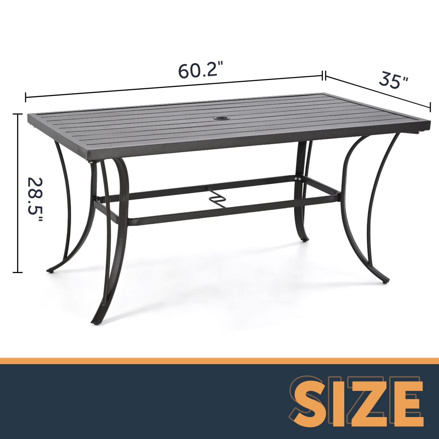 Patio Dining Table for 6, 60" Outdoor Metal Steel Slat Table with 2" Umbrella Hole, Backyard Garden Porch Dining Furniture, Dark Brown