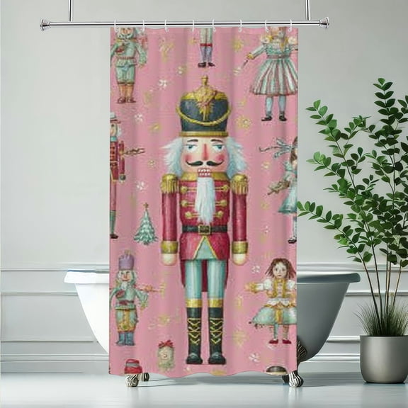 RKSupls Christmas Shower Curtain, Pink Nutcracker Theme Curtain with Hooks for Home Bathroom Decor Washable Curtains, 36x72 in