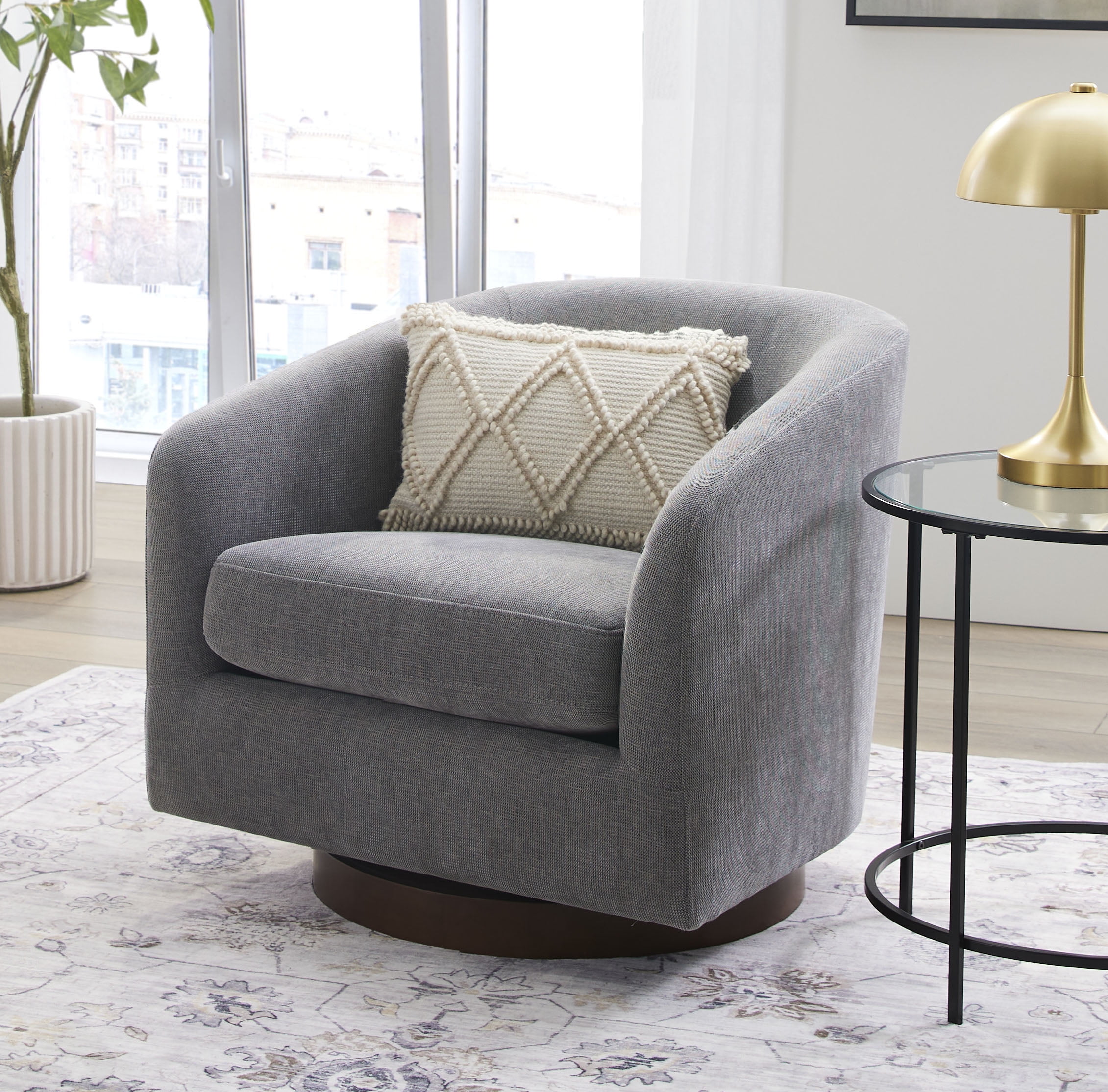 Better Homes & Gardens Bradford Wooden Base Modern Swivel Accent Chair, Gray