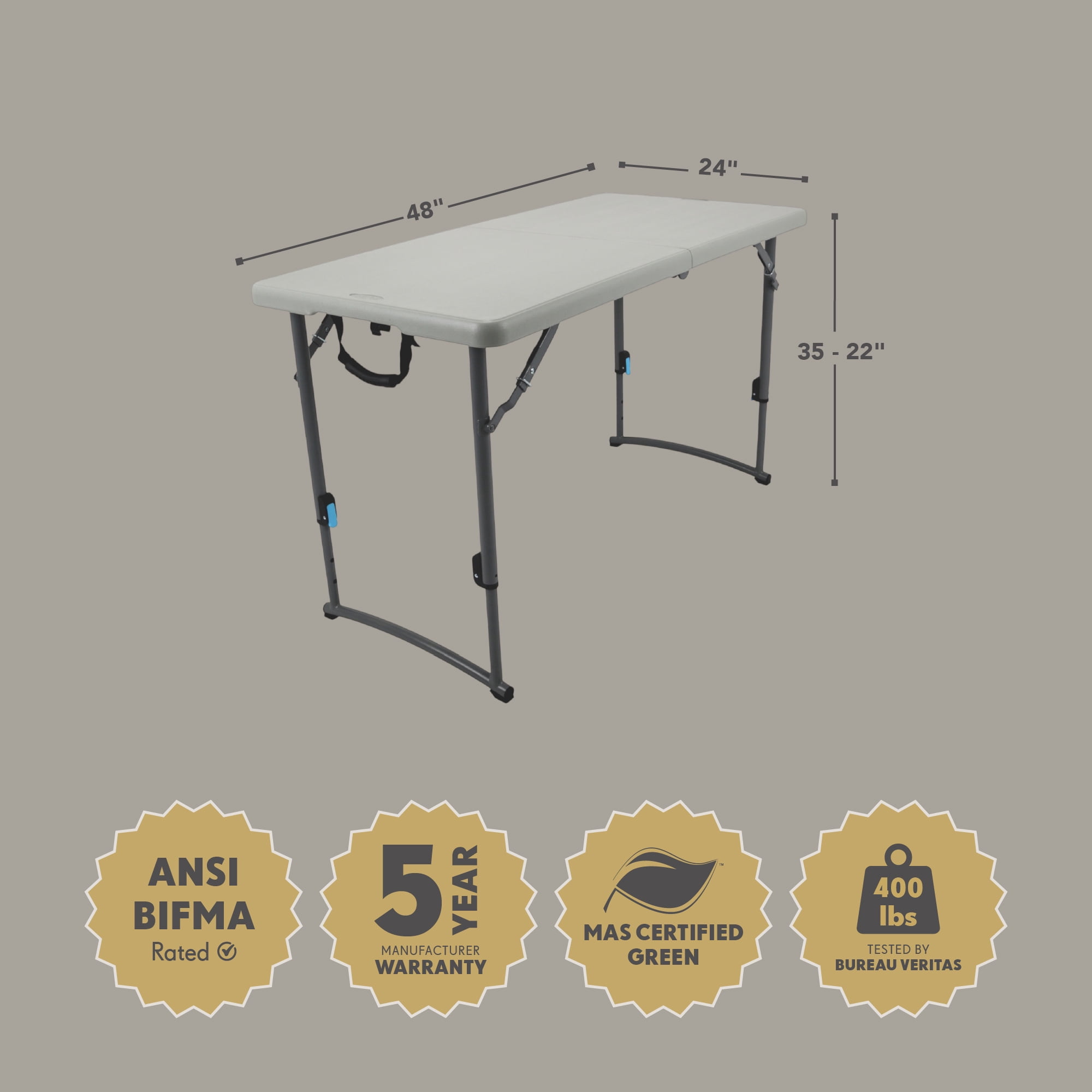Hampden Furnishings Derek Collection 24"x48" Adjustable-Height Fold-in-Half Table, Indoor/Outdoor, 22"-35", Speckled Grey