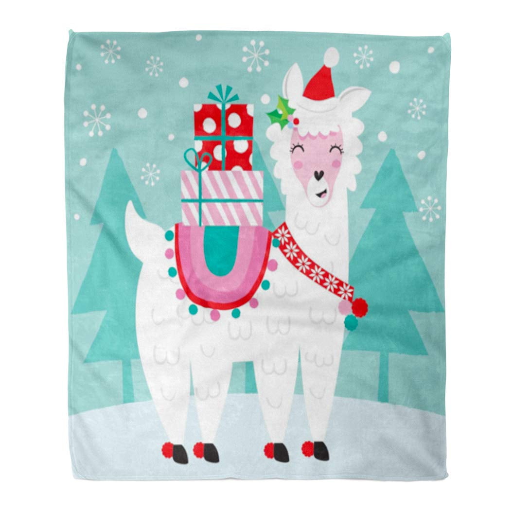 HATIART 50x60 inch Super Soft Throw Blanket Alpaca Cute Christmas Llama Celebration Character Greeting Happy Hat Merry Home Decorative Flannel Velvet