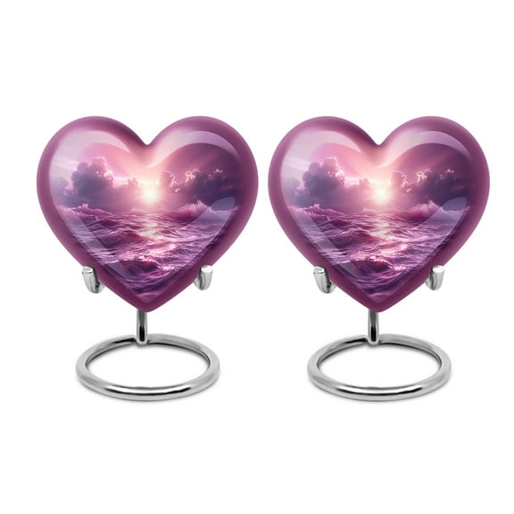 Radiant Dawn over the Majestic Purple Sea - Heart Urn For Ashes - Unique Tiny Memorial Urn for Adults - Small Cremation Keepsake for Ashes - Heart Urn - Memorial Gifts - 3 Inch, Set Of 2
