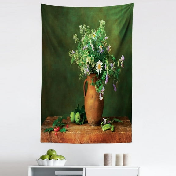 Flowers Tapestry, Still Life Picture of Wildflowers in Nostalgic Old Clay Vase Nature Love, Fabric Wall Hanging Decor for Bedroom Living Room Dorm, 5 Sizes, Army Green Cinnamon, by Ambesonne