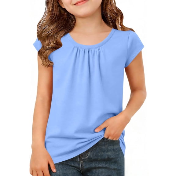Girls Cap Sleeve Top with Pleated Detail | Soft Stretchy T-Shirt for Kids | Light Blue | Sizes 5-15 Years | Casual Play & School Shirt,Size 5-6 T