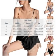 SwiftWear Women's Satin Pajamas Lace Chiffon Cami and Shorts PJ Set 2 Piece Spaghetti Straps V Neck Soft Loungewear