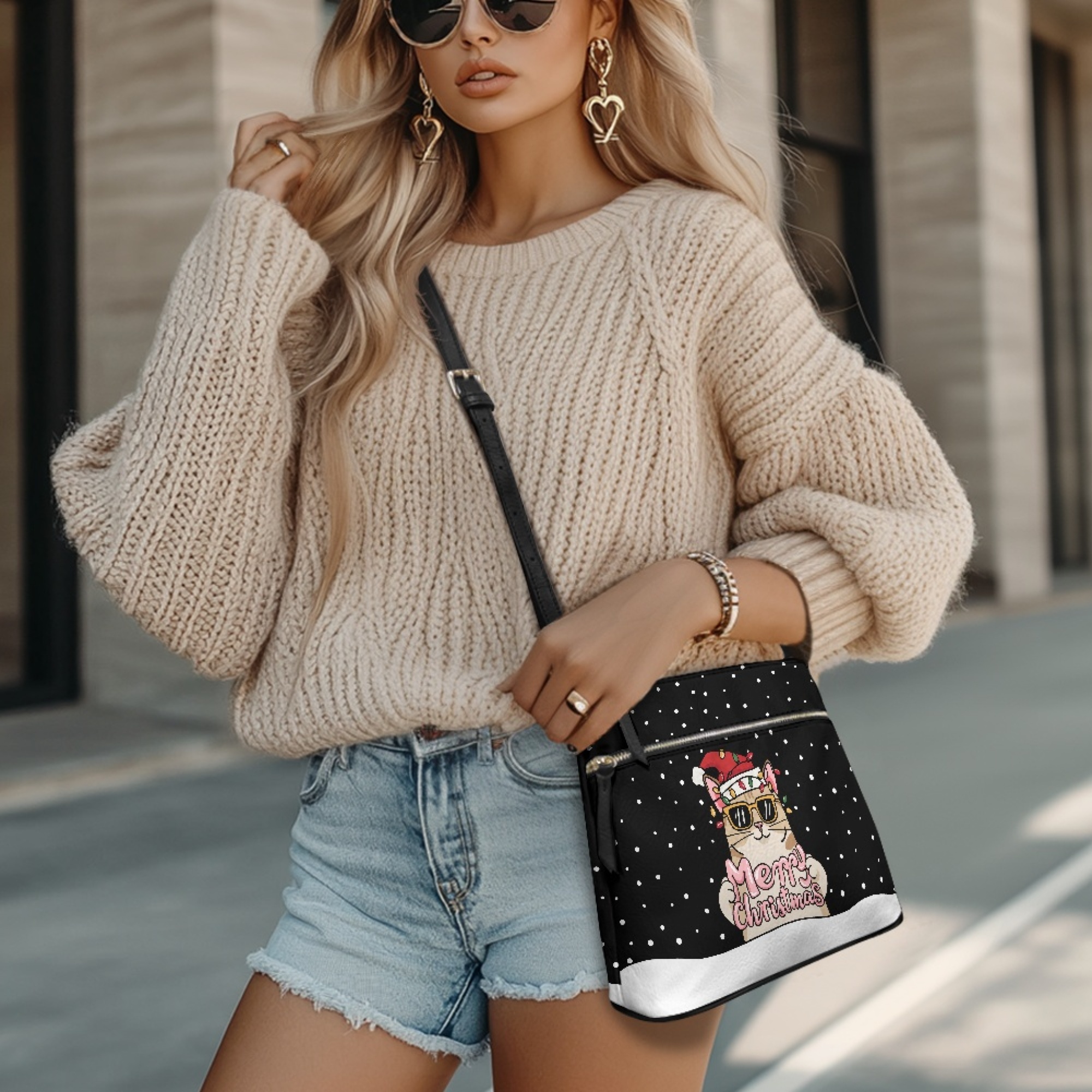 ZUXONGSY Christmas Cat Hat Lights Snowflake Print Shoulder Bag for Women PU Leather Crossbody Purse Trendy Satchel with Adjustable Wide Strap for Travel Shopping