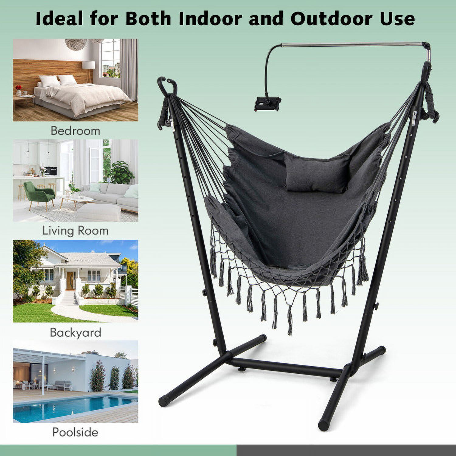 Aimee Lii Height Adjustable Hammock Chair with Phone Holder and Side Pocket, Comfy Outdoor Chair, Gray