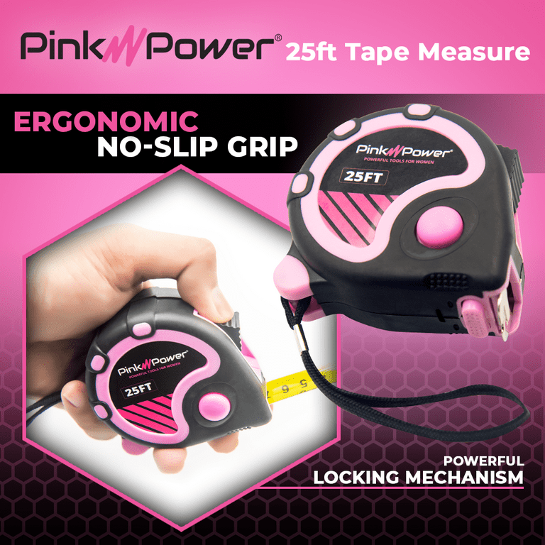 The Original Pink Box 25ft Auto-Locking Tape Measure - Metric & SAE,  Easy-to-Read Markings, Belt Clip - 1 Pack, Pink