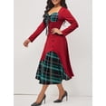 thumbnail image 2 of xiaxaixu Robes Midi d'Automne pour Femmes à Carreaux Patchwork Col Cœur Robe Trapèze Grande Balançoire Vacances Manches Longues, 2 of 9