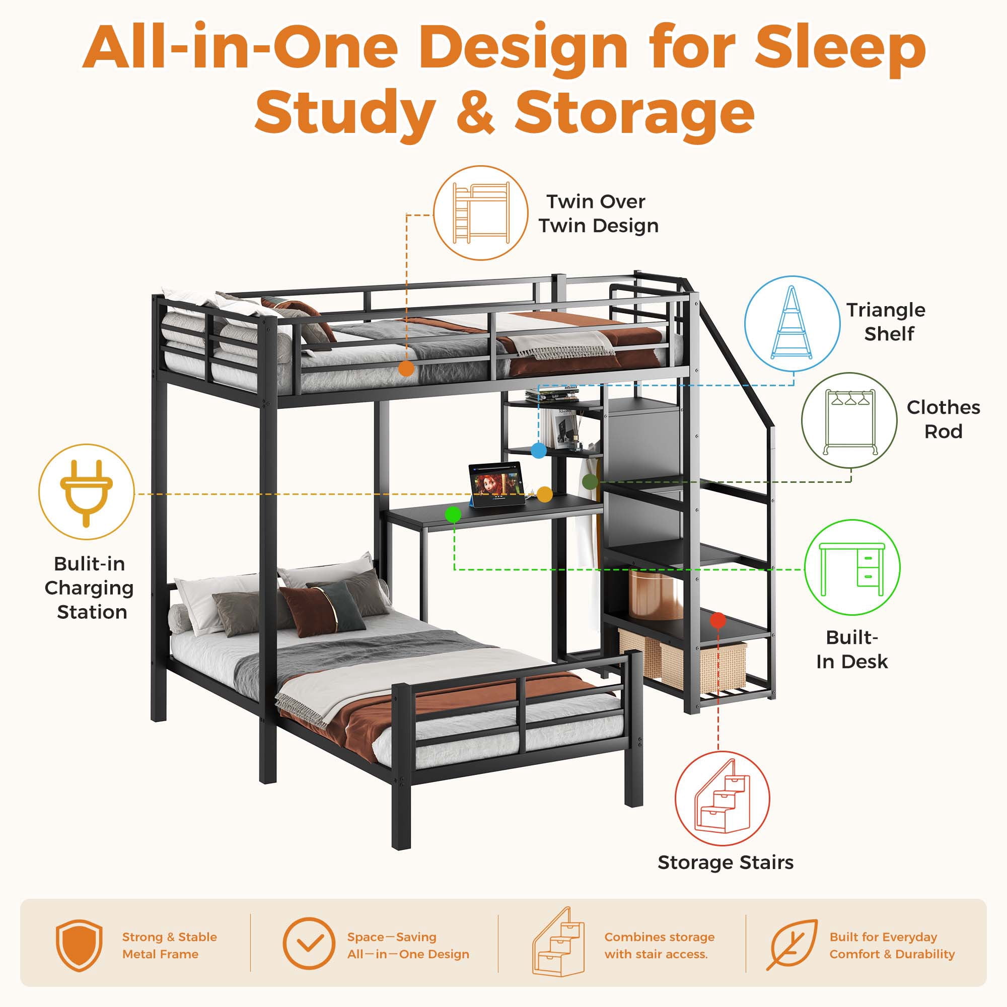 Miniyam Twin Over Twin Bunk Bed with Storage Stairs, Gaming Desk, LED Light and Power Outlet, Black