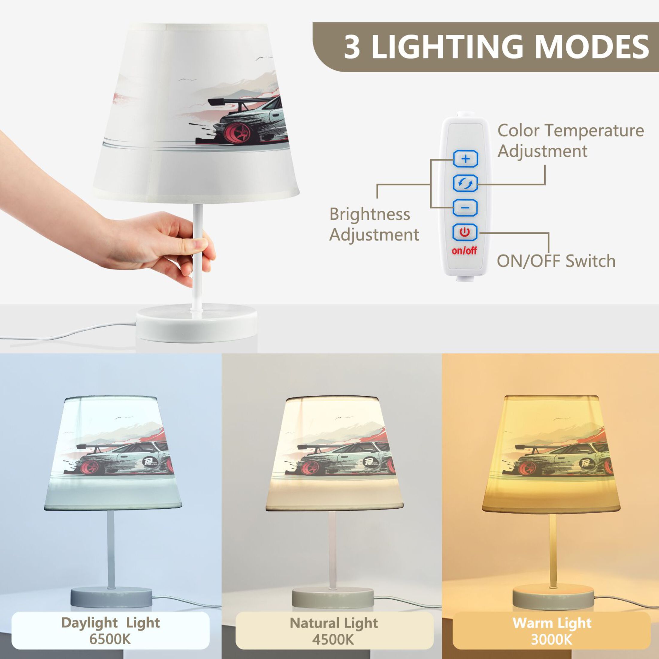 Cool Car and Mount Desk Lamp LED Table Nightstand Lamps with 3 Color Temperatures for Home Bedroom Living Room Decor 8x12