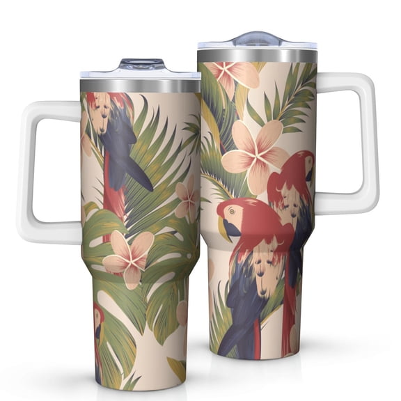 40oz Tumbler with Handle and Straw, Vacuum Insulated Stainless Steel Travel Mug, Fits Car Cup Holder, Tropical Jungle Print