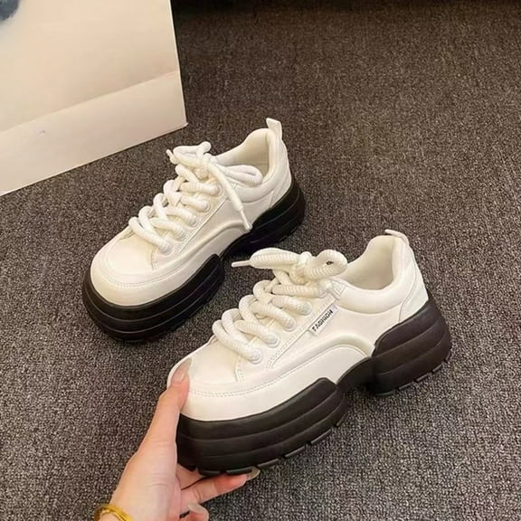 XIMIN Chunky Sneakers for Women Fashion Platform White Leather Casual Dad Shoes Comfortable Non-Slip Wedge Walking Sport Driving Workout Shoes Footwear