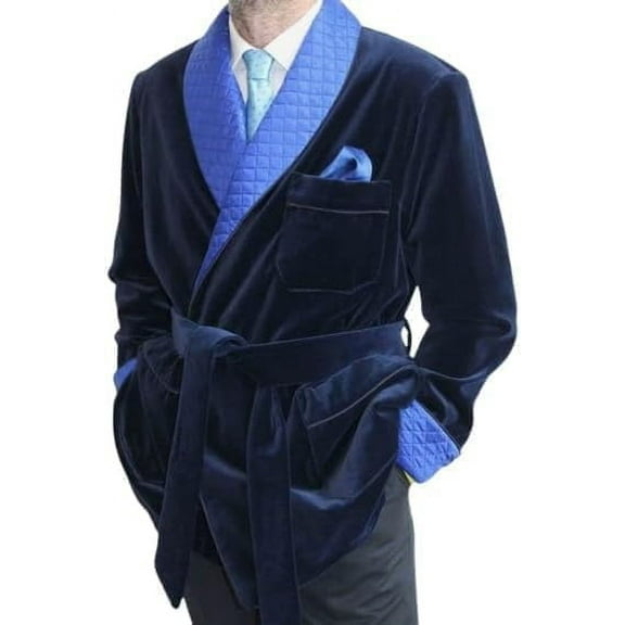 Smoking Jacket, Men Double Breasted Blue Luxurous Velvet Cigar Robe for Dinner Jacket